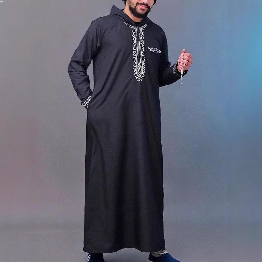 Embroidered Hooded Robe for Muslim Men, New Style Middle Eastern Thobe, Loose Long Sleeve Ethnic Design, Available Now