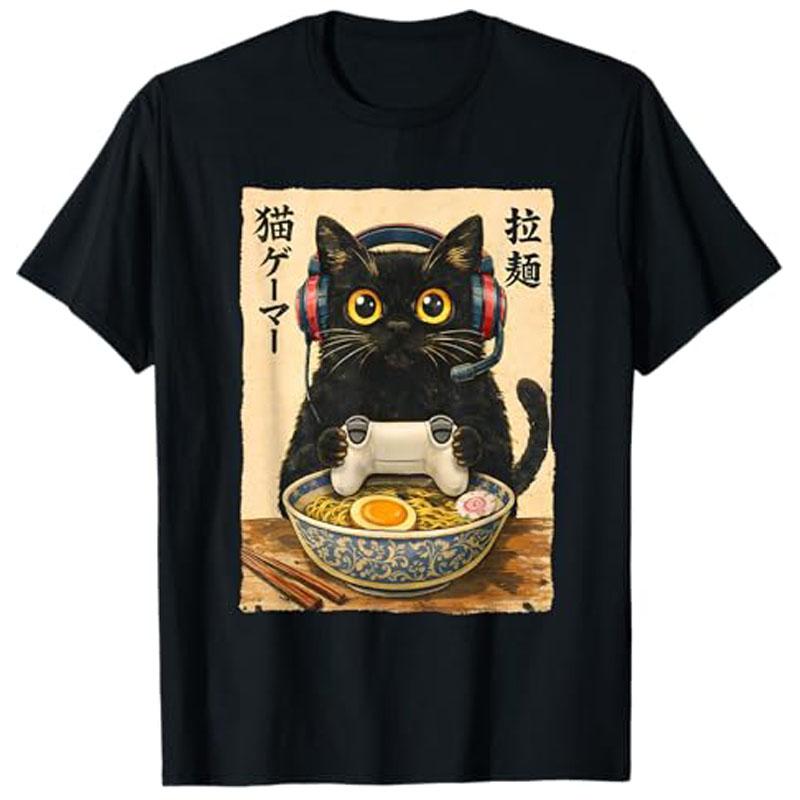 Funny Cat Gamer RaUnisex Graphic Japanese Kawaii Anime Gaming TShirt Y2k Kitten Eat Noodles Paly Video Game Unisexga Comic Clothes