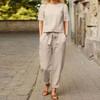 Sommer-Set aus Baumwolle und Hanf für Damen, Halbarm, Rundhalsausschnitt, Oversize-Kapuzenpullover, Hose mit weitem Bein, Retro-Set