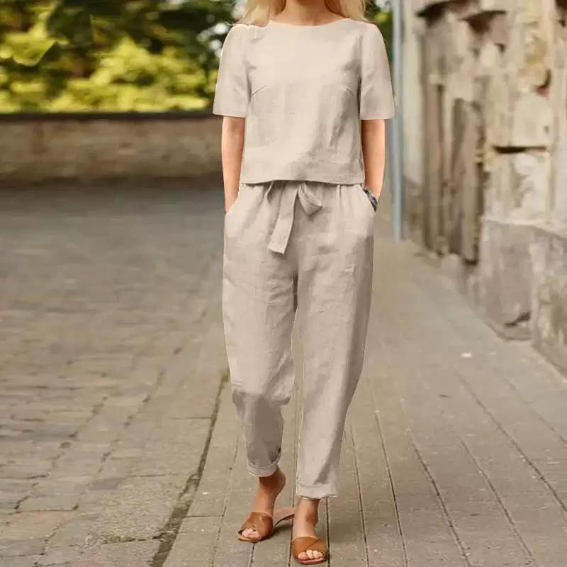 Sommer-Set aus Baumwolle und Hanf für Damen, Halbarm, Rundhalsausschnitt, Oversize-Kapuzenpullover, Hose mit weitem Bein, Retro-Set