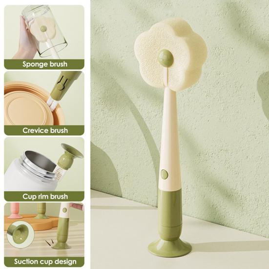 Cleaning Brush Soft Flower-shaped Sponge Head Long Handle Cup Brush Suction Base Bottles Water Cups Cleaning Scrubber