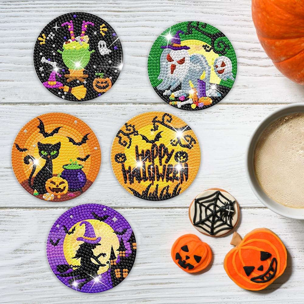 Diamond Art Halloween Coasters, Set of 8, Popular Diamond Art Kit, Coasters, Diamond Beads, DIY Kit, Beginner's, Halloween Decoration, Gift for Kids