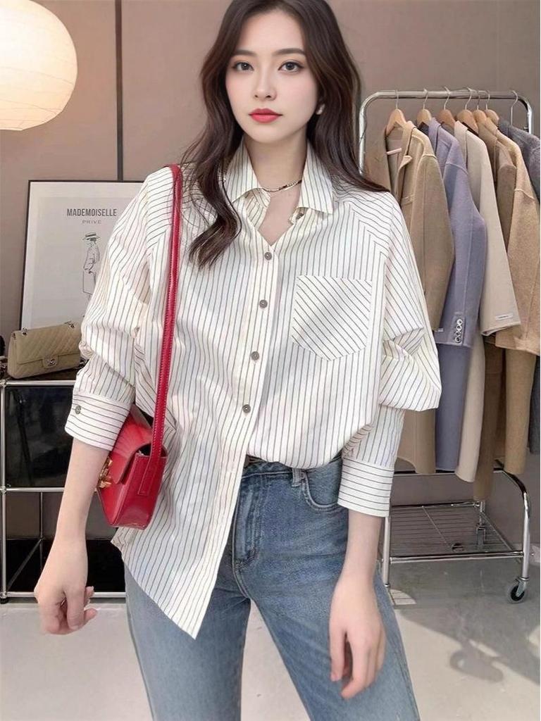 Women's Japanese-Style Striped Raglan Sleeve Shirt - Trendy, Loose, and Versatile for Spring and Autumn