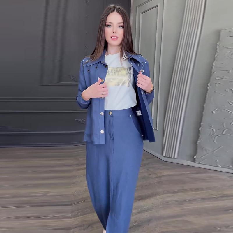 2024 Herbst Damen Zweiteiler: Einfarbiges Oberteil mit Umlegekragen & Hochtaillierter langer Rock