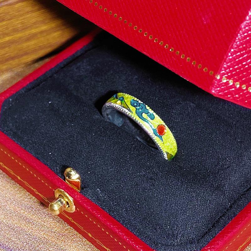 Blue Enamel Oil Drop Flower Bow Star Opening Ring Women'S Niche High-End Light Luxury Ring