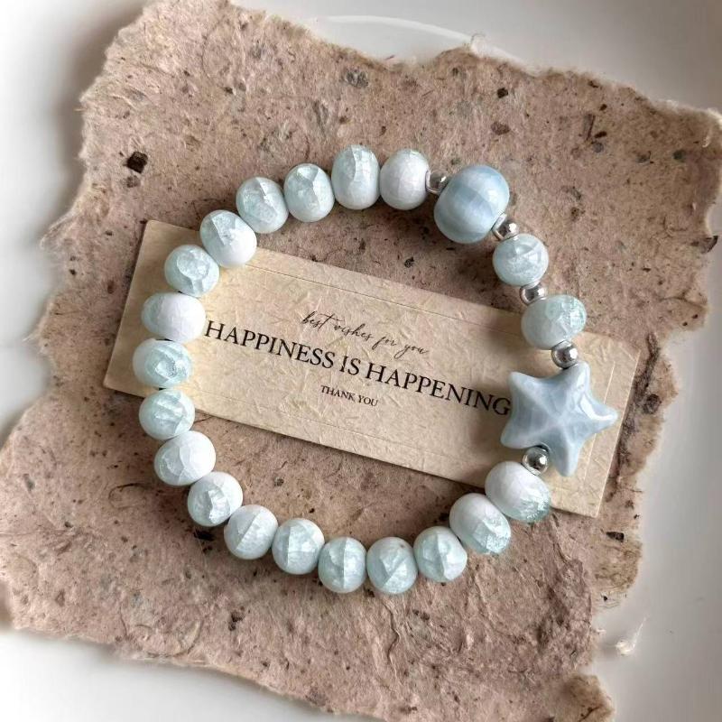Boho Keramik Perlen Armband für Damen Zartrosa Rund mit Marmor Quadratischen Perlen, Elastisches Dehnbares Design für den Alltag & Geschenk