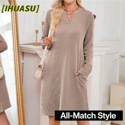 Women's Fashion  Spring Autumn Solid Color Print O-Neck Long Sleeve Casual Dresses