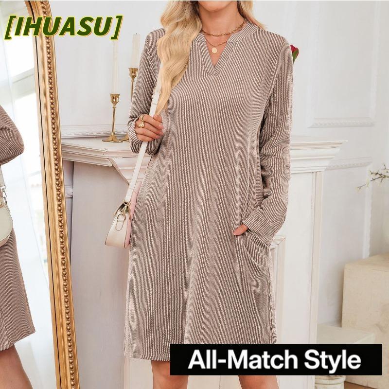 IHUASU Women's Fashion Spring Autumn Solid Color Print O-Neck Long Sleeve Casual Dresses