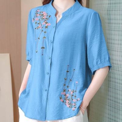 Haut en Coton et Lin Brodé Manches Courtes Mode Femme Chemises d'Été Nouvelles Cardigan Lâche Blouse Chemise Col V Mère Blaus 4XL