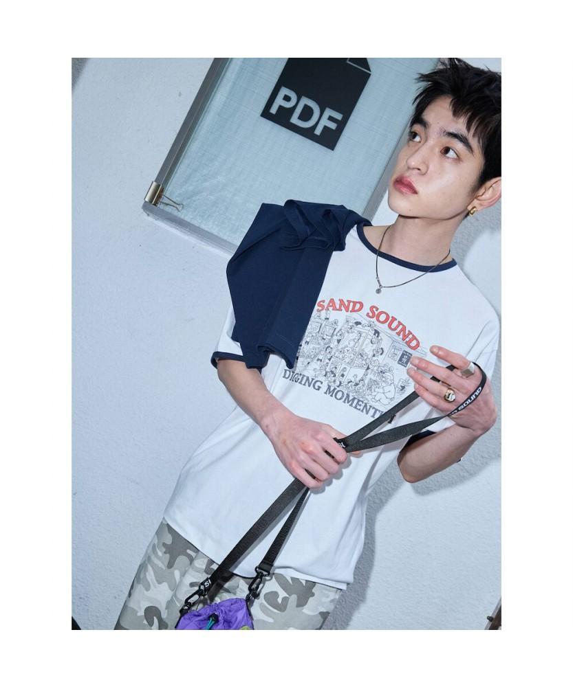 Saendeusaundeu (Unisex) Ringer Print Short Sleeve T-Shirt White
