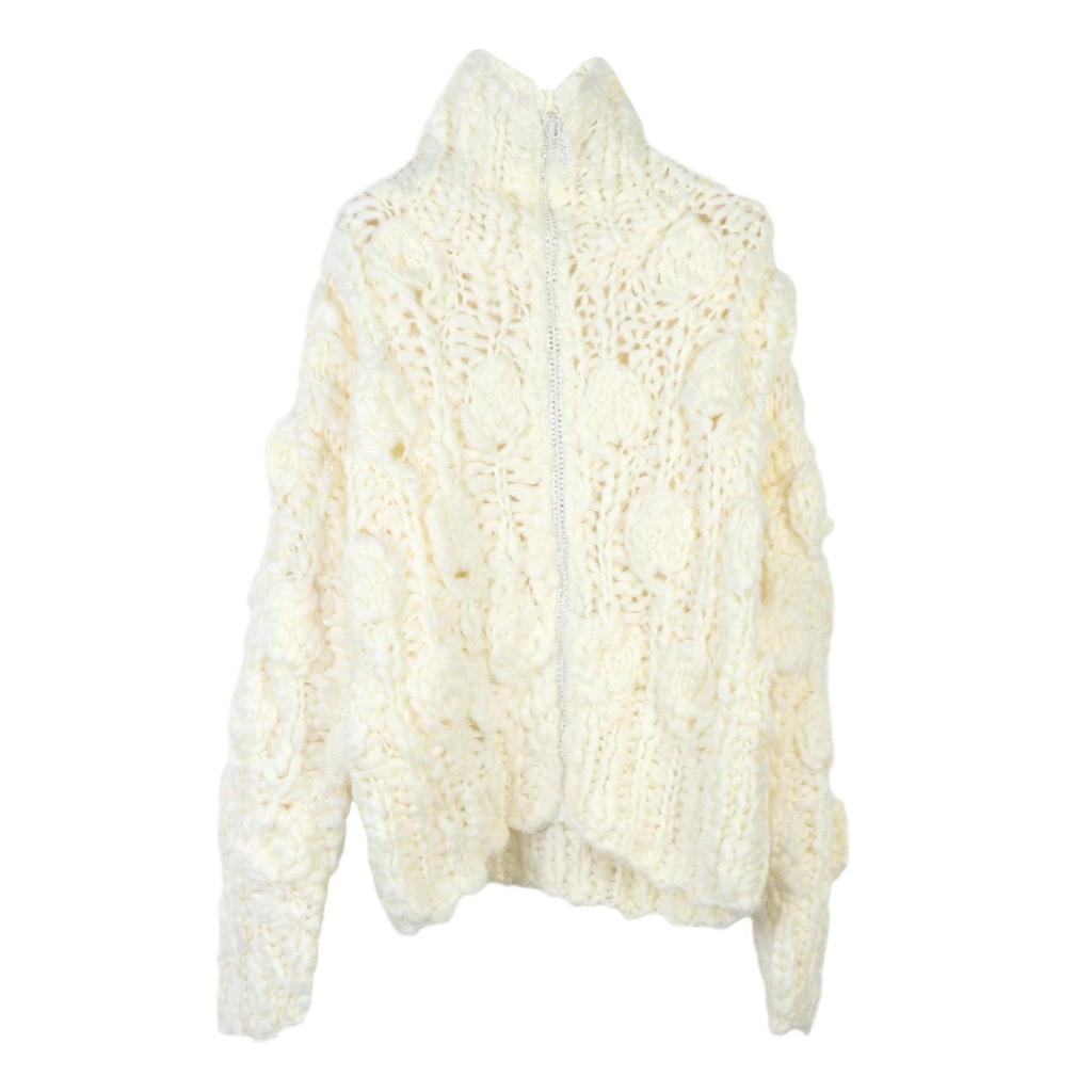 Women's Chunky Knit Zipper Cardigan: Fall/Winter Loose Handmade Sweater with Turn-Down Collar