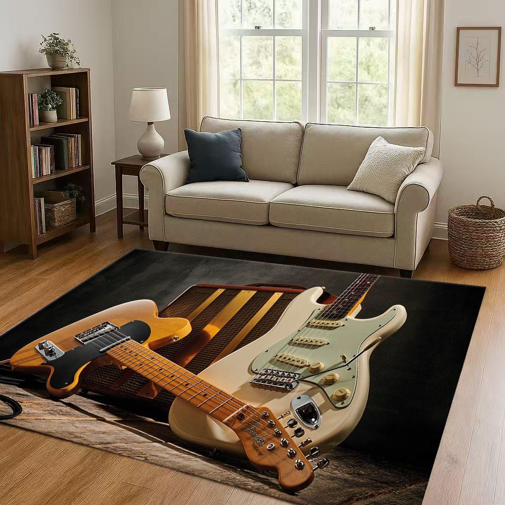 3D F Fender Guitar Musical Instrument Sign Living Room Non Slip Area Rug Carpet for Bedroom Sofa,Easy Clean Home Decor Doormat