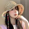 Color Wood Bead Straw Hat Women's Summer Original Hollow Big Brim Sunshade Sunscreen Hat Foldable Fisherman Hat