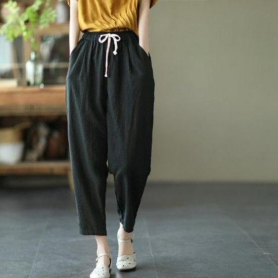 Women's Cotton Linen Loose Fit Summer Harem Pants - Retro Casual Cropped