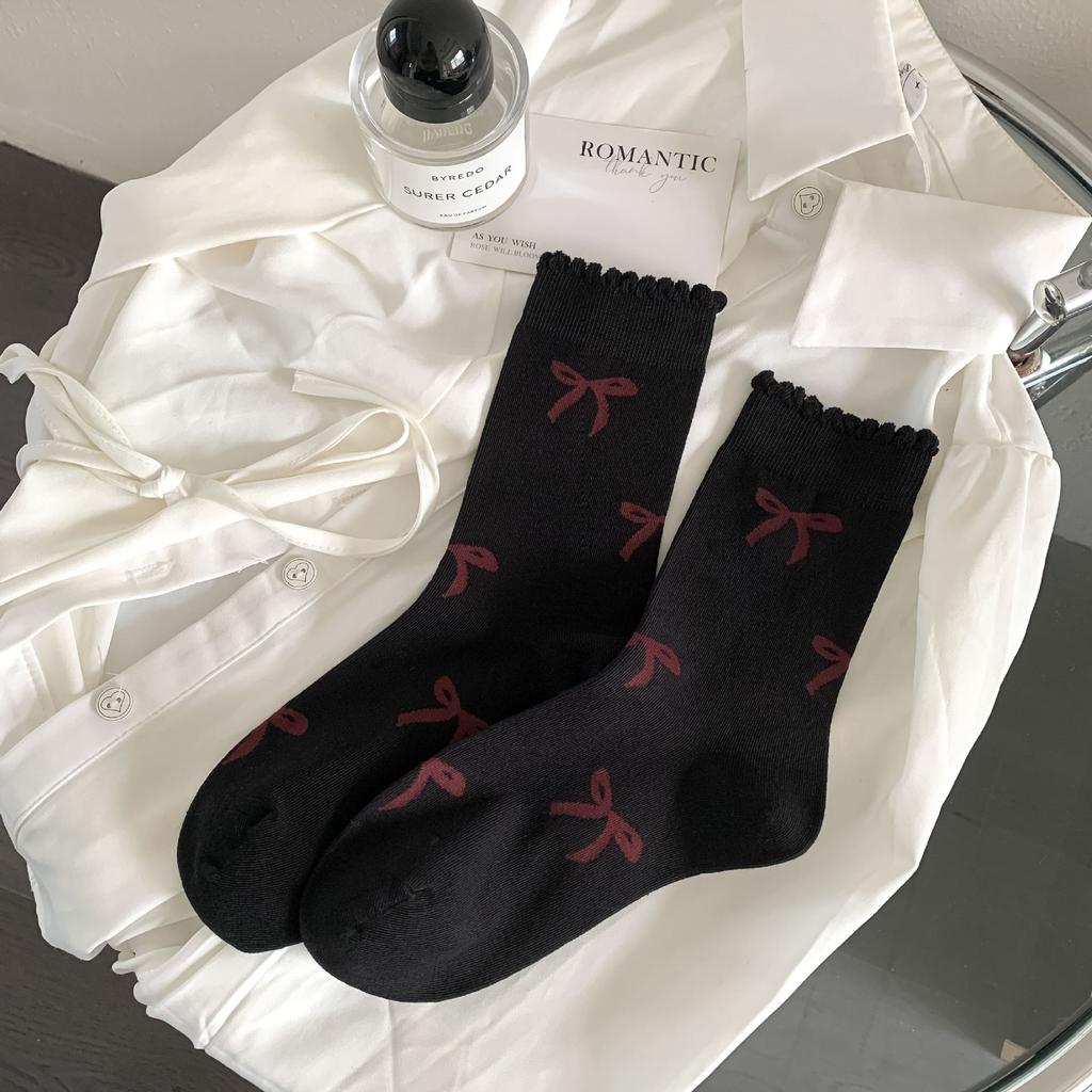 Fashion Art Painting Bow Literary Style With Mary Jane Shoes And Socks Women'S Medium Cotton Socks