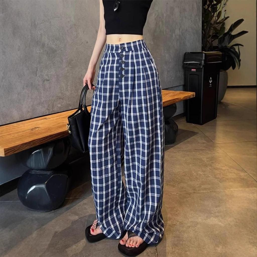 Women's Blue Retro Plaid Double-Breasted Wide-Leg Pants - Zhao Lusi Spring & Autumn Style