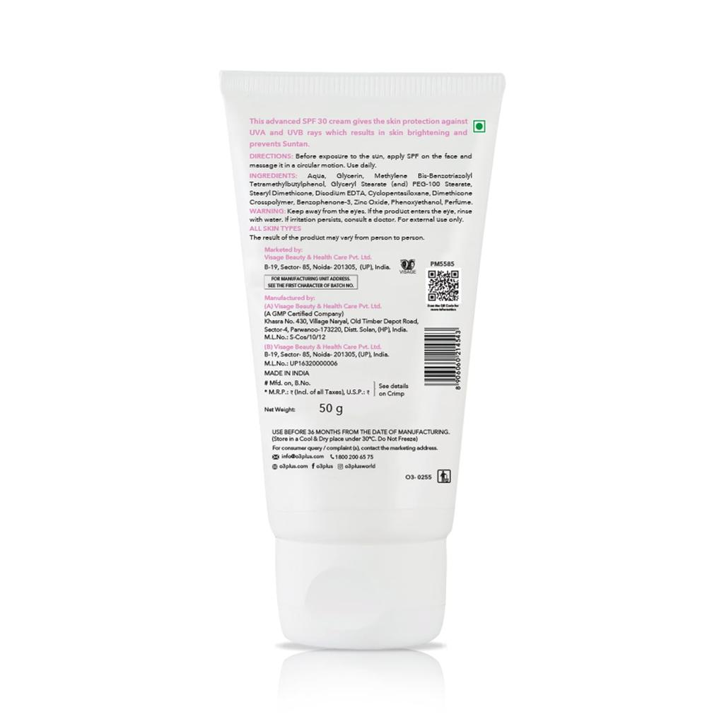 O3+ Whitening Face Cream SPF 30 Sunscreen 50g Pack for Skin Brightening UVA UVB Sun Tan Protection