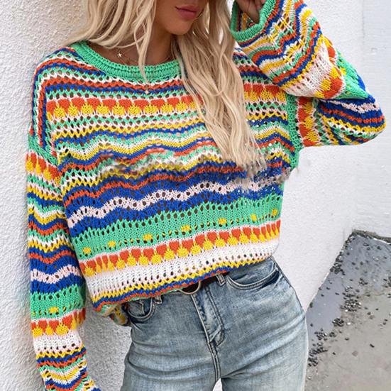Loose Casual Women Sweater Round Neck Long Sleeve Contrasting Color Stripe Knitted