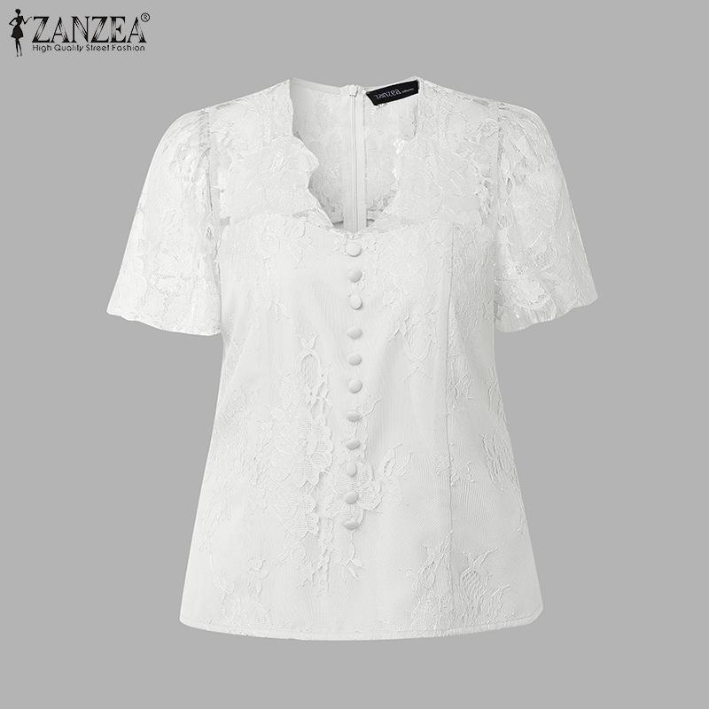 ZANZEA Women Lace Patchwork Summer Casual V-Neck Short Sleeve Blouse