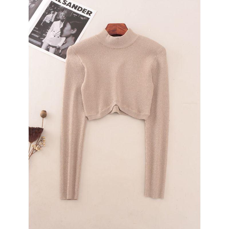 American Small Stand Collar Silver Silk Long Sleeves Short Knitwear Foreign Trade Original Order Silm Slim Looking Sexy Pure Desire Style