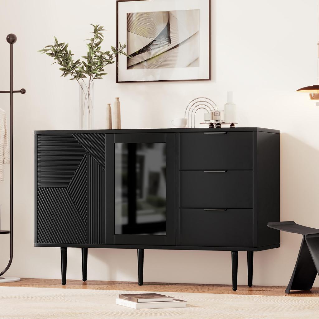 Sideboard mit 3 Schubladen und 2 Türen, Kommode mit Glastür und Metalfüßen Buffetschrank für Esszimmer Wohnzimmer oder Flur, 120x38 x79.5 cm, Schwarz