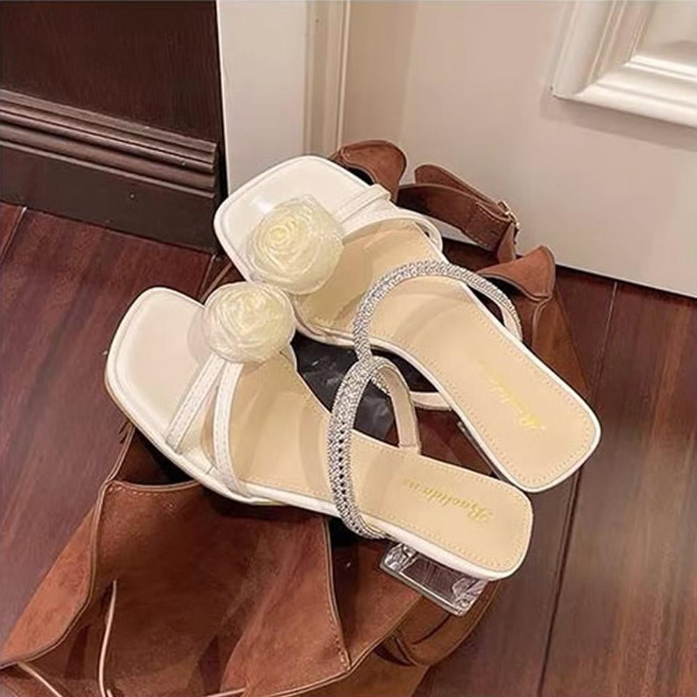 Summer Floral Crystal Rhinestone Square Head Sandals Women's Outdoor Wear PU Material Korean Sle Anti-Slip mid Heel Slippers