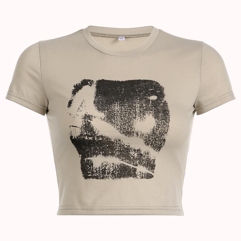 Vintage Chic Print y2k Crop Top Crewneck Slim Short Sleeve T-shirt Summer Harajuku  Streetwear y2k Retro Tees Shirt Women