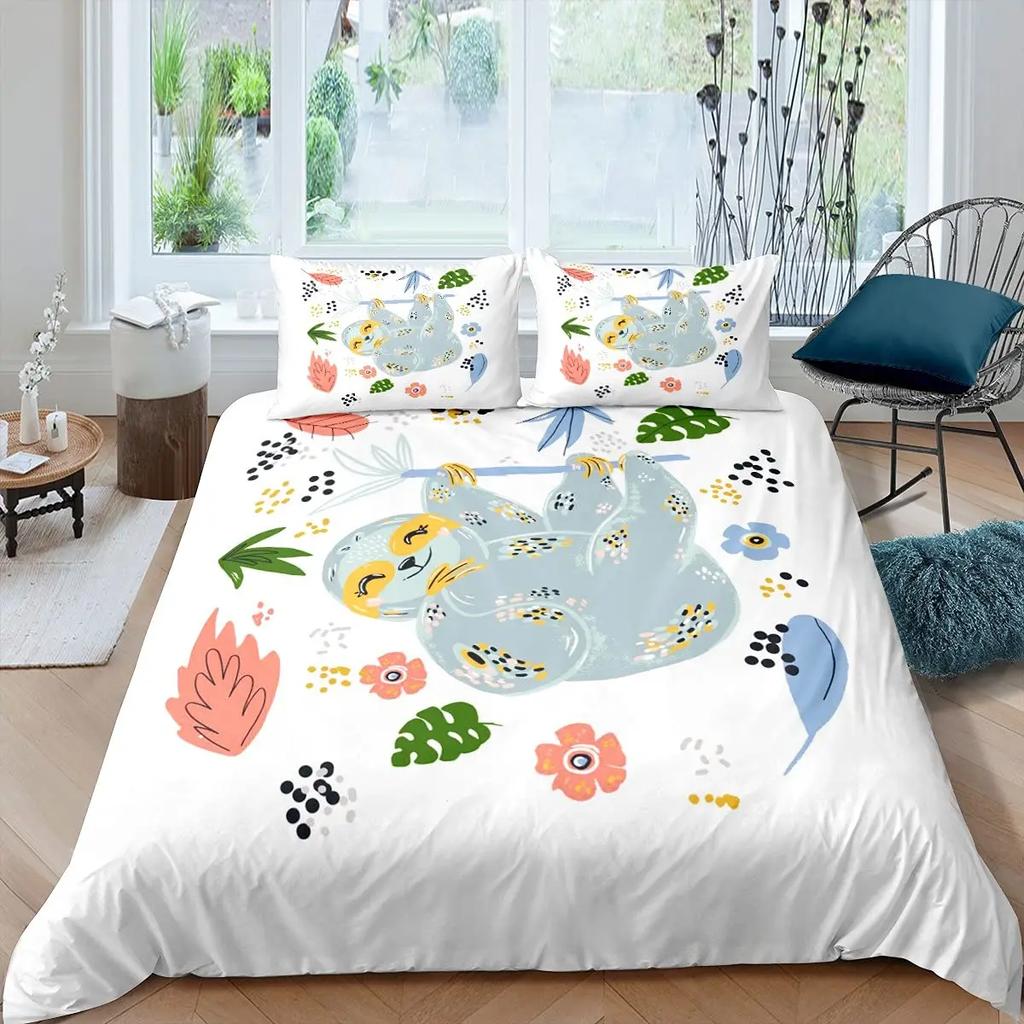 Cartoon Sloth King Queen Duvet Cover Kids Cute Animal Bedding Set Bathtub Decor Blue Comforter Cover Soft Polyester Quilt Cover
