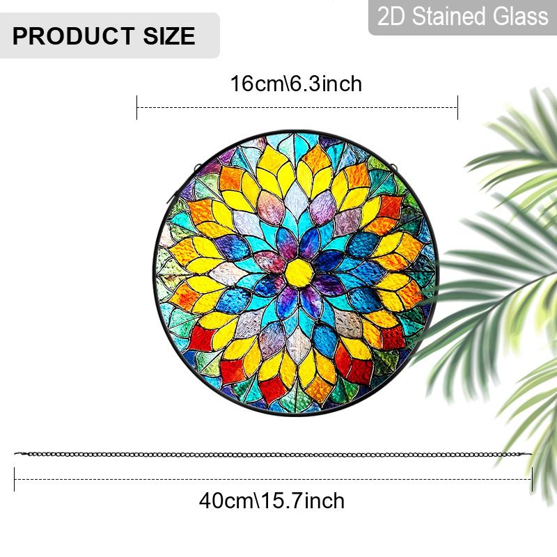 

2D Flat Stained Glass Rainbow Mandala Window Decoration, 6.3/7.87inches Colored Glass Plate with Chain, Charming Indoor/Outdoor Sun Catcher Home 6.3inch