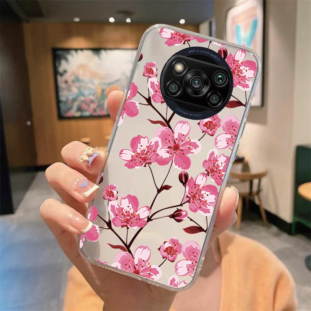 

Phone Case For Xiaomi Poco X6 X5 X4 M4 X3 Pro M5S Clear Transparent Romantic Black Lace Pattern Flower Shockproof Silicone Cover Poco X3