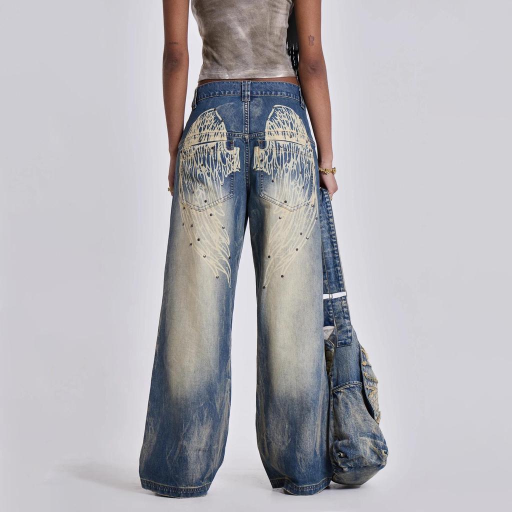 Retro Wing Print Rivet Wide-Leg Jeans