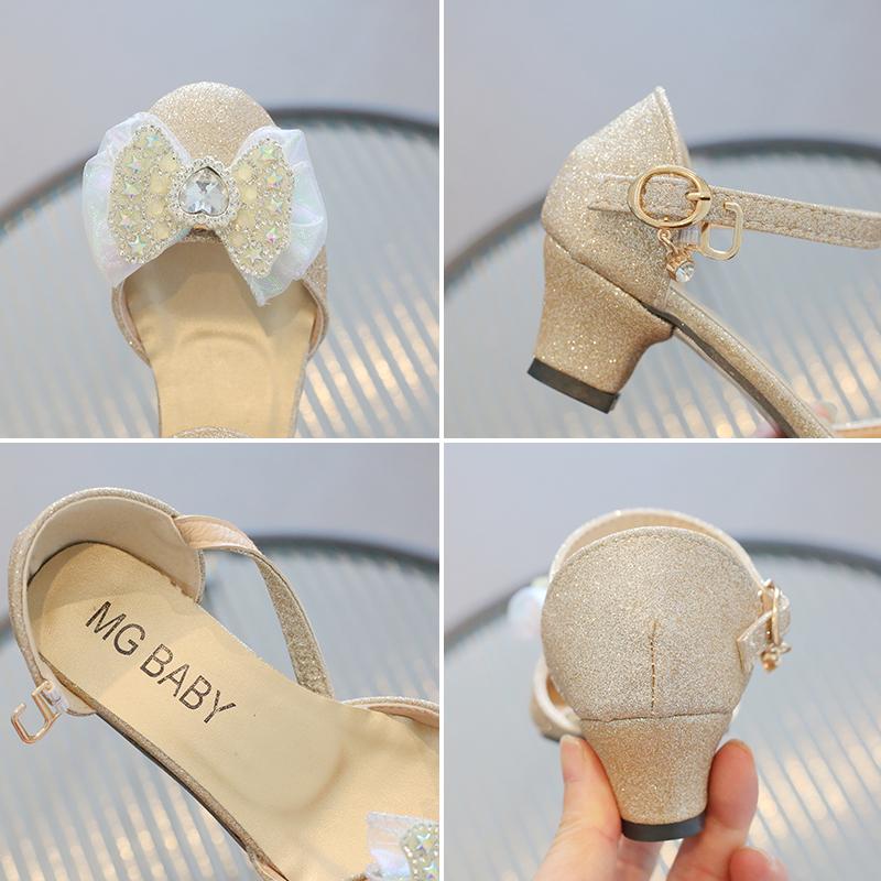 Girls Elegant Low-heeled Girls Mary Jane for Party Wedding 2024 Summer New Bow Rhinestone Sweet Princess Kids Fashion Sandals