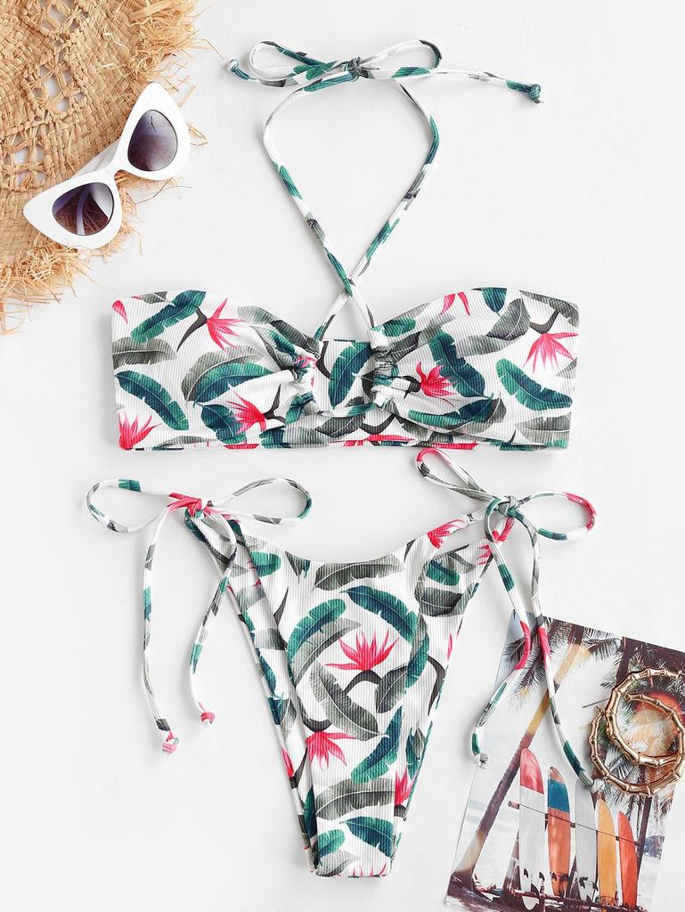 ZAFUL Crossover Halter Ribbed Palm Leaf Print Thong Bikini Swimwear