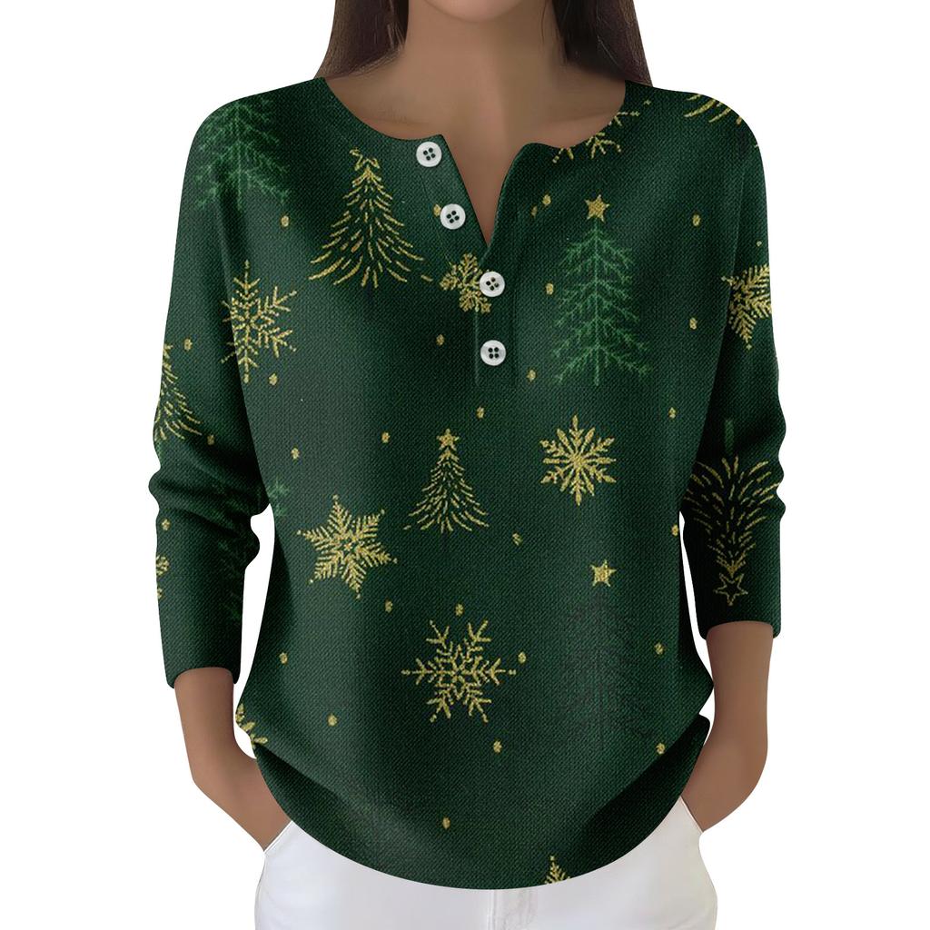 Women's Fashion Long Sleeve Christmas Snowflake Print Top Elegant Casual Top
