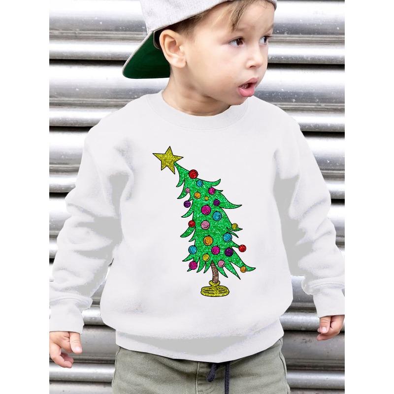 European sizes CHRISTMAS Kids Fashion -Lined Sweatshirt with Christmas Tree Bent by Ornaments Print Loose Casual Long Sleeve Pullover 110 белый