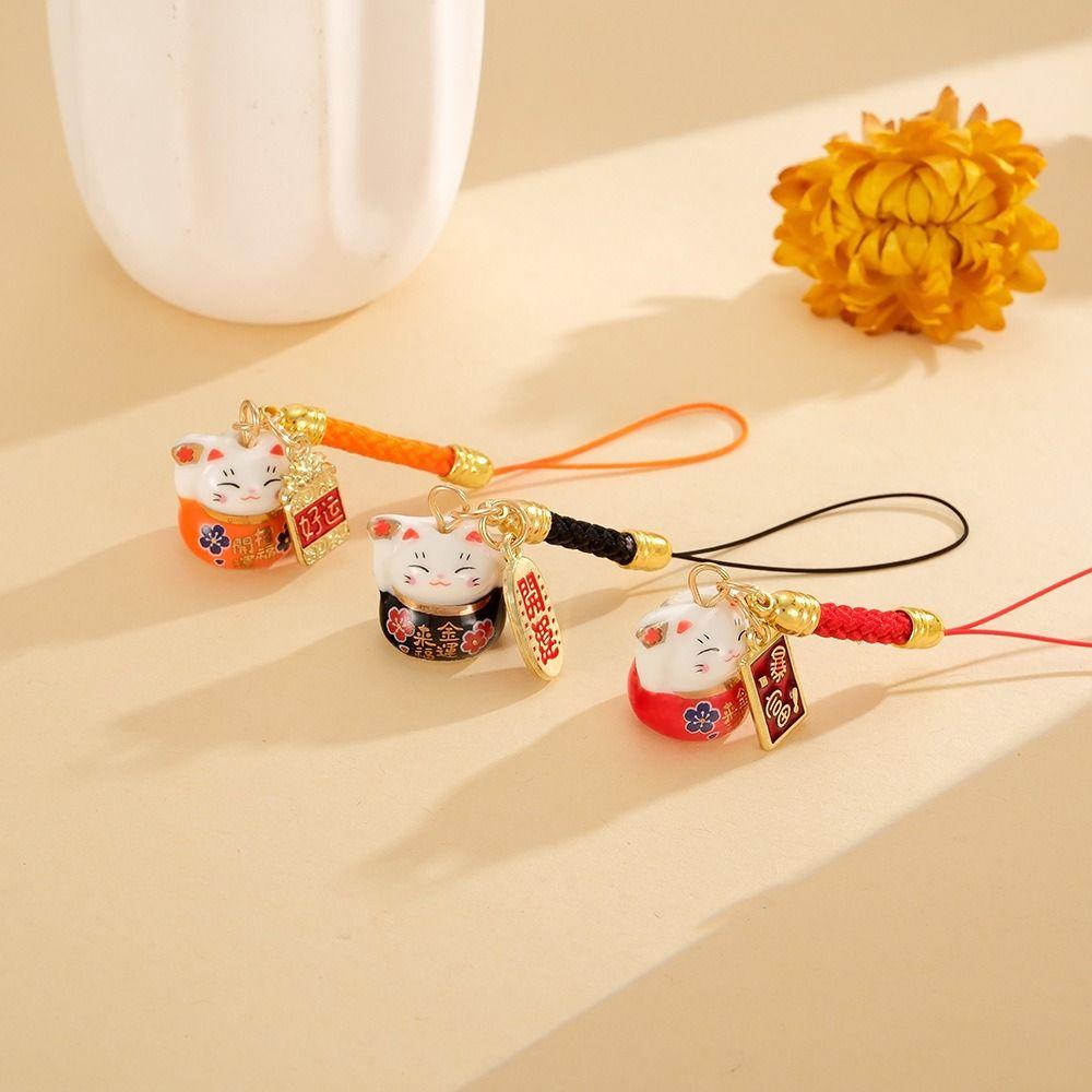 Chinese Style Ceramic Lucky Cat Phone Charms Fortune Fortune Cat Key Chain New Year Gift