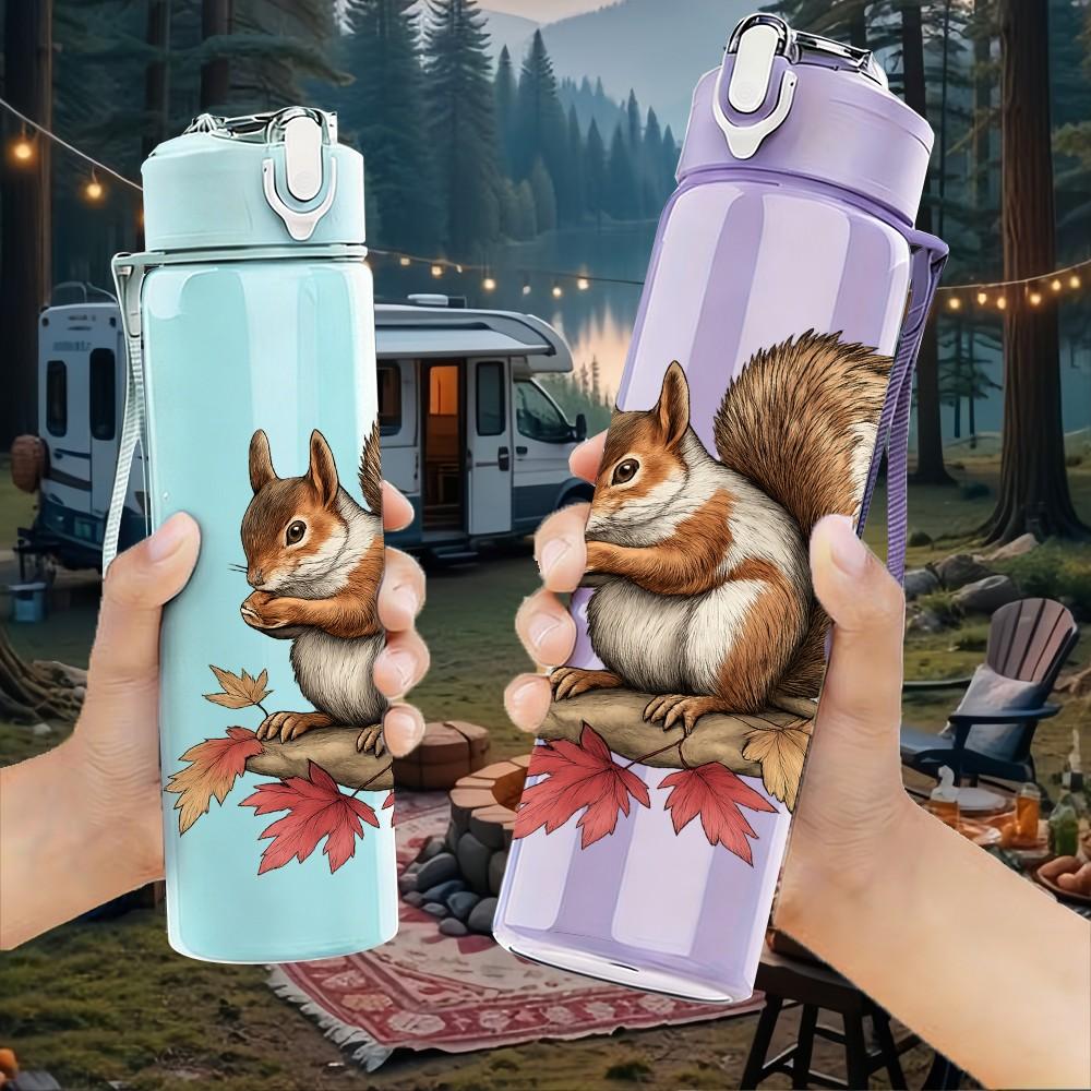 1PC Autumn Leaf Squirrel Print 750ml Color Plastic Sports Water Bottle Leakproof Flip Straw Lid Suitable for Sports Office Home Use