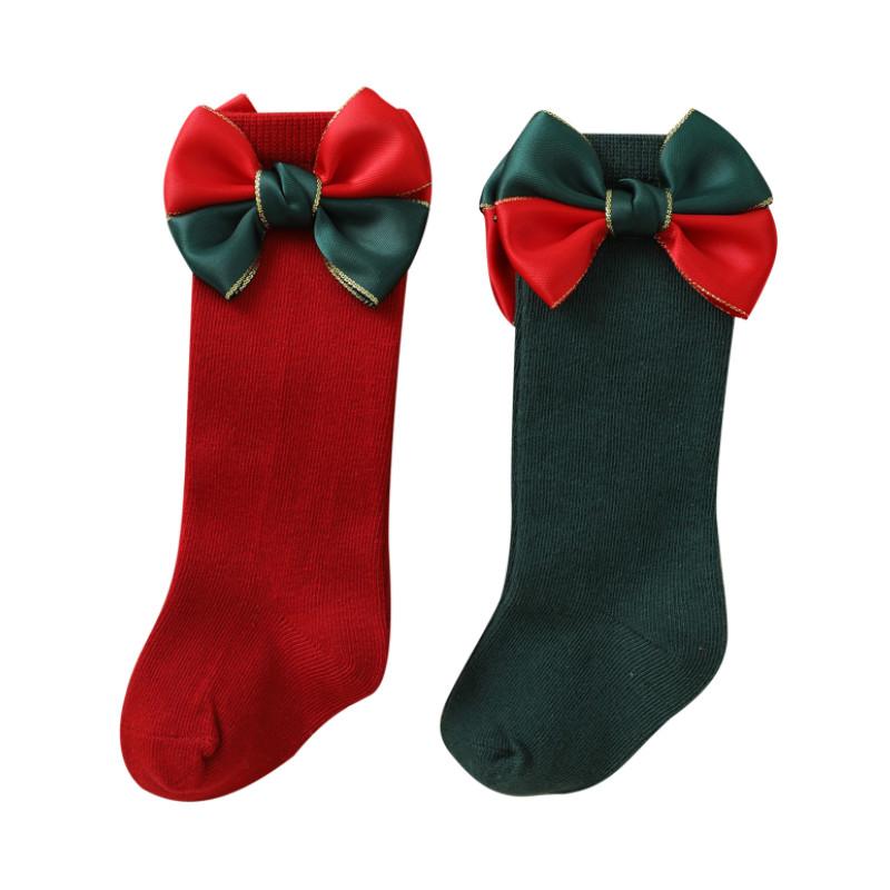 2 Paar Kinderweihnachtssocken, mittelhohe Socken mit Schleifendekoration für Kleinkinder, Mädchen, Jungen, 0-4 Jahre