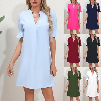 2023 Women's Solid Color V-Neck Loose Pleated Dress with Five-Point Sleeves