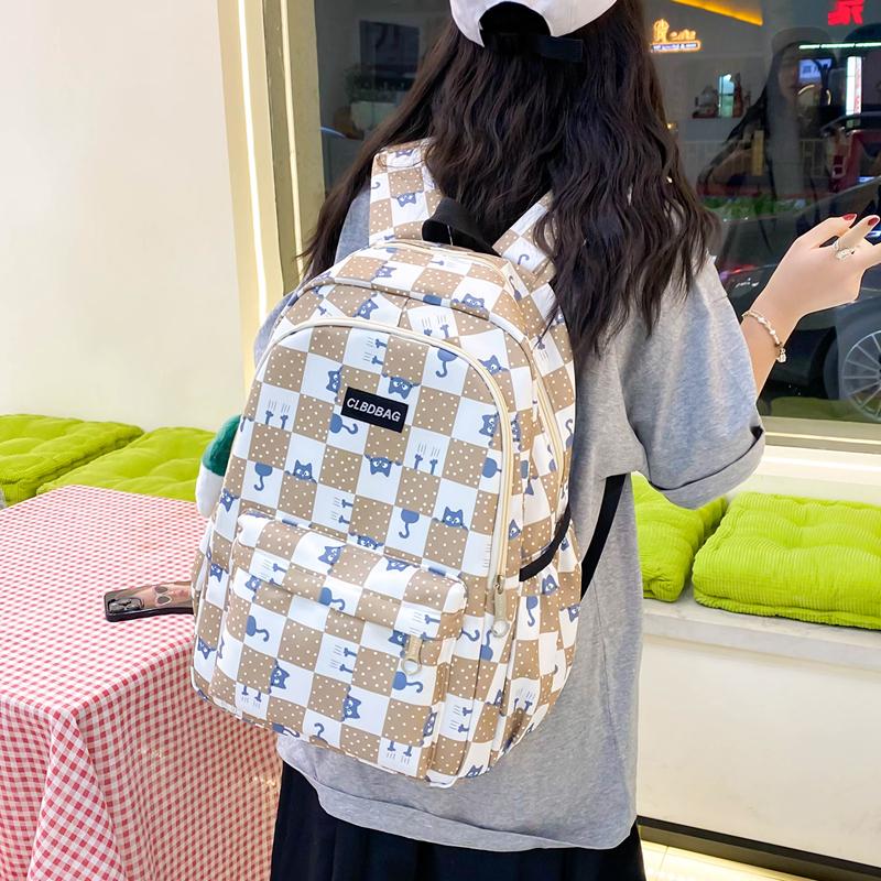 Three-Piece Backpack Set Large Capacity Student Schoolbag Junior High School Student Checkerboard Backpack with Lunch Bag Pen Bag