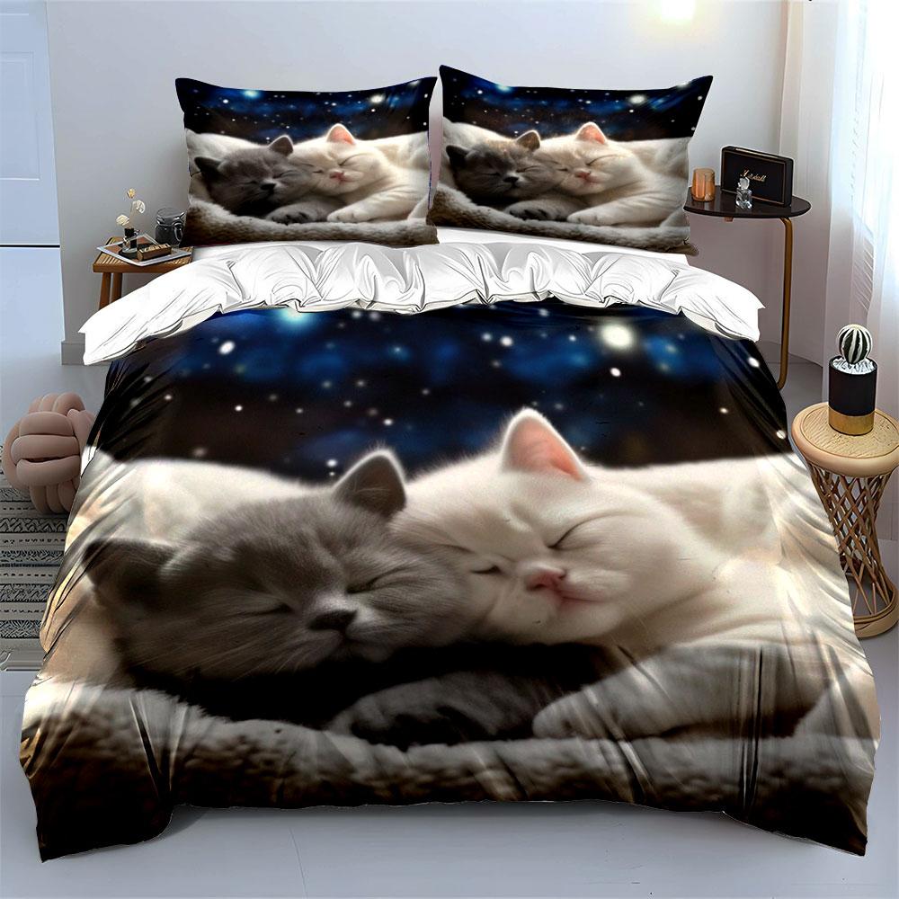 Soft Fluffy Gray White Kittens Sleeping Starry Sky Bedding Set 3pcs Cute Couple Cat print 1 Duvet Cover And 2 Pillowcase Gift