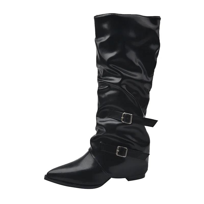 Fashion Spring and Autumn Women's Retro Style Mid-Calf Boots Fashion Belt Buckle Shoes Pointed Toe Wedges Heel Knight Long Boots Female