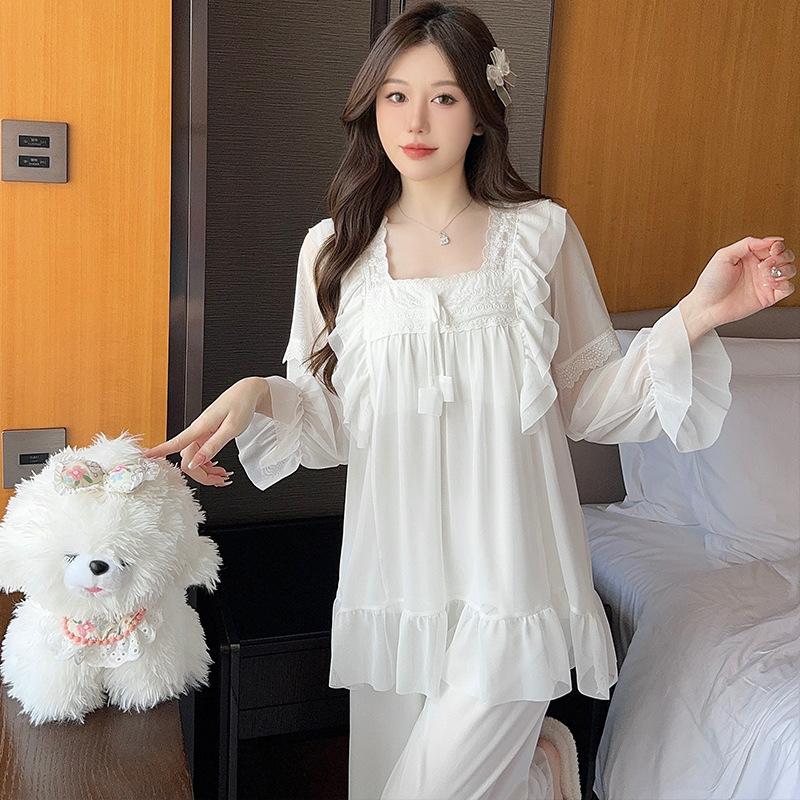 Ling Lei Chunqiu Solid Color Square Neck Lace Lace Sweet Loose Princess Wind Mesh Pajamas Set Loungewear