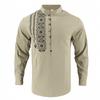 Men Linen Blend Long Sleeve Shirt, Mandarin Collar Ethnic Geometric Print Half Button Henley Shirts Casual Beach Bohemian Tops For Men Multiple Colors