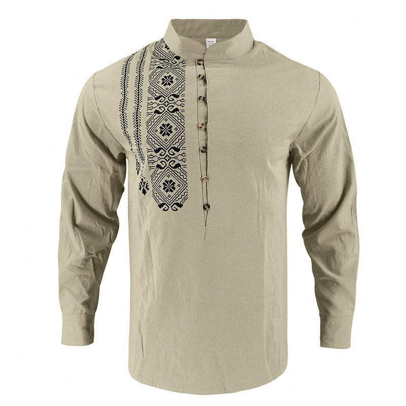 Men Linen Blend Long Sleeve Shirt, Mandarin Collar Ethnic Geometric Print Half Button Henley Shirts Casual Beach Bohemian Tops For Men Multiple Colors