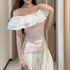 Pink Off Shoulder Top Double Layer White Lace Ruffle Trim Side Ruched Slim Fitted Summer Blouse