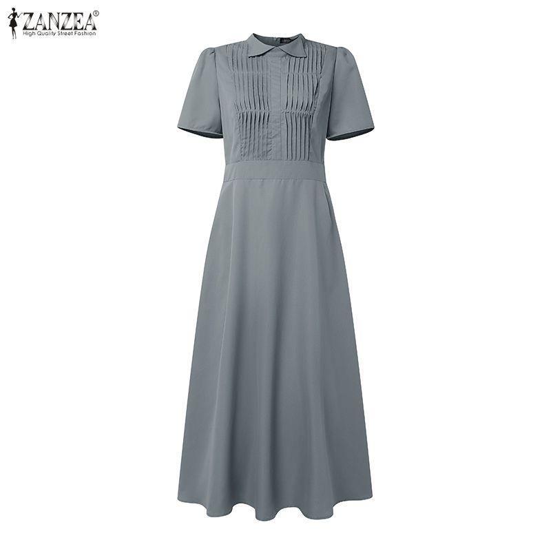 ZANZEA Women Summer Turn Down Collar Short Sleeve Elegant Casual Dress