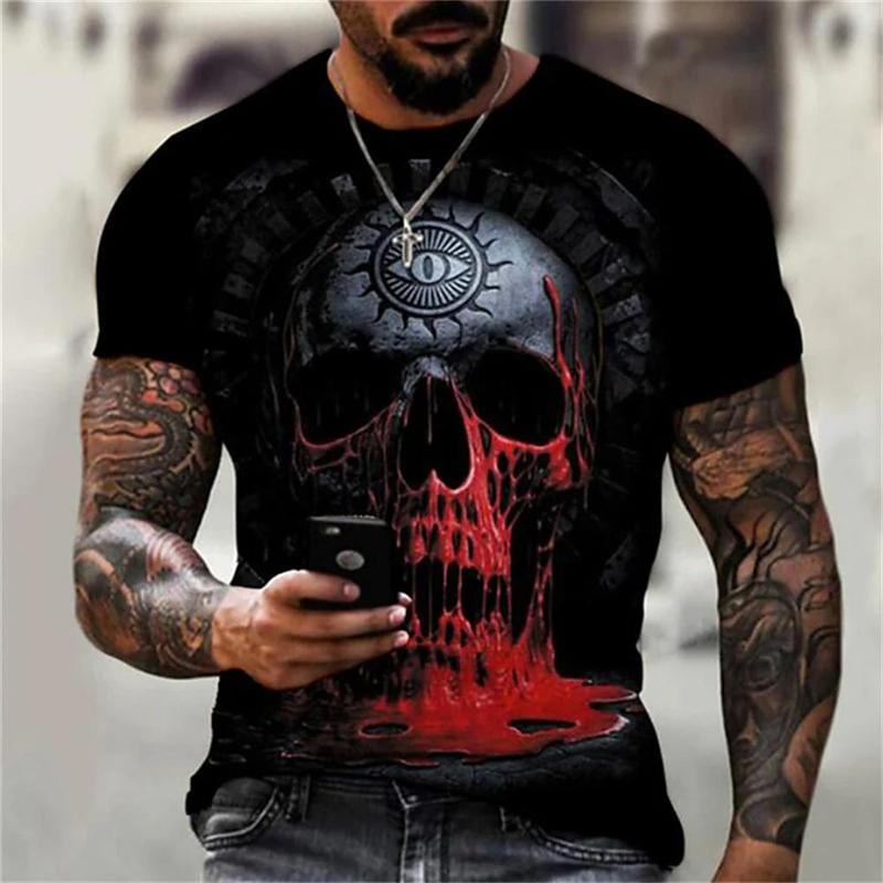 Summer Round Neck 3D Horror Skull Graphics Print Top Fashionable Casual Short Sleeved Men's T-shirts