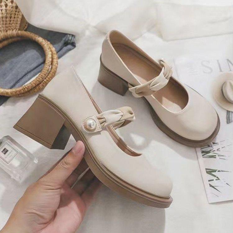 Mary Jane small leather shoes women's round head 2025 spring new Internet celebrity mid-heel shoes versatile thick heel shallow mouth platform shoes