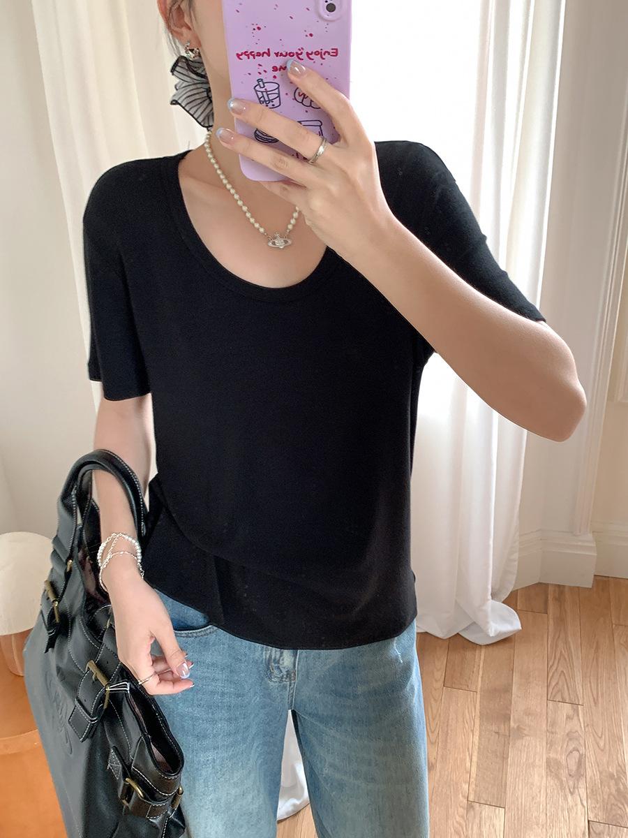 

Korean point flower apricot U-neck front shoulder short-sleeved T-shirt women s summer new loose and thin lazy style chic top XL чорний